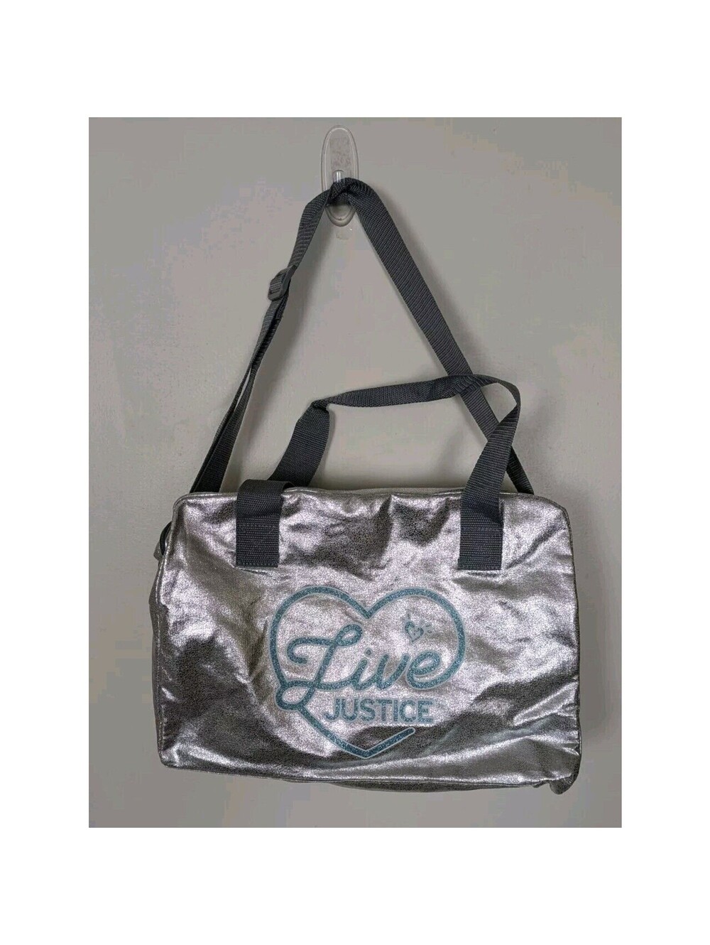 Justice Live Girls Silver Duffel Gym Bag Blue Shiny Sparkly 11x15x6